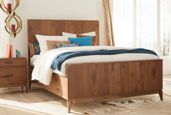 Mid-Century Modern Walnut Platform Bed with Metal Accents – Solid Wood Headboard
