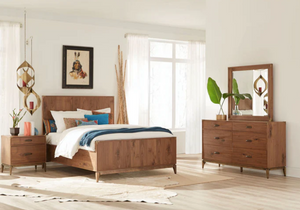 Mid-Century Modern Walnut Platform Bed with Metal Accents – Solid Wood Headboard