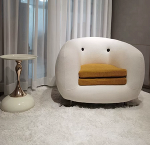 Modern White Bouclé Accent Chair with Mustard Cushion – Sculptural Egg Lounge Chair – Mid-Century Modern Swivel Armchair