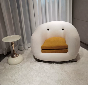 Modern White Bouclé Accent Chair with Mustard Cushion – Sculptural Egg Lounge Chair – Mid-Century Modern Swivel Armchair