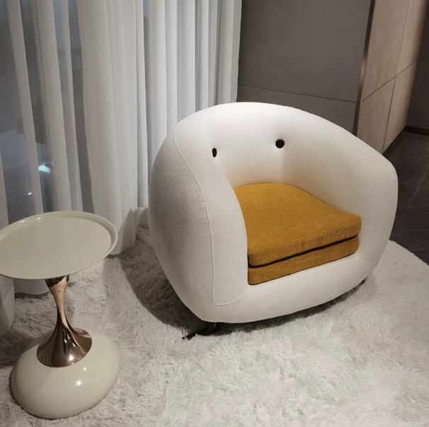 Modern White Bouclé Accent Chair with Mustard Cushion – Sculptural Egg Lounge Chair – Mid-Century Modern Swivel Armchair