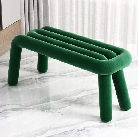 Modern Emerald Green Velvet Tubular Bench | Sculptural Link Design Entryway Stool | Avant-Garde Hallway Seating