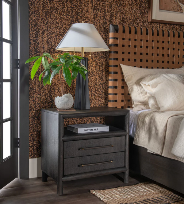 Modern Charcoal Nightstand with Open Shelf – Dark Espresso 2-Drawer Bedside Table – Minimalist Wood End Table with Bronze Handles