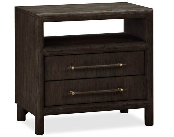 Modern Charcoal Nightstand with Open Shelf – Dark Espresso 2-Drawer Bedside Table – Minimalist Wood End Table with Bronze Handles