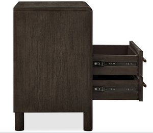 Modern Charcoal Nightstand with Open Shelf – Dark Espresso 2-Drawer Bedside Table – Minimalist Wood End Table with Bronze Handles