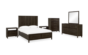 Modern Charcoal Nightstand with Open Shelf – Dark Espresso 2-Drawer Bedside Table – Minimalist Wood End Table with Bronze Handles