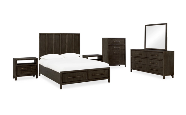 Modern Charcoal Nightstand with Open Shelf – Dark Espresso 2-Drawer Bedside Table – Minimalist Wood End Table with Bronze Handles