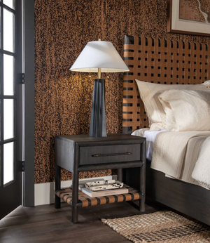 Modern Dark Wood Nightstand with Woven Leather Shelf