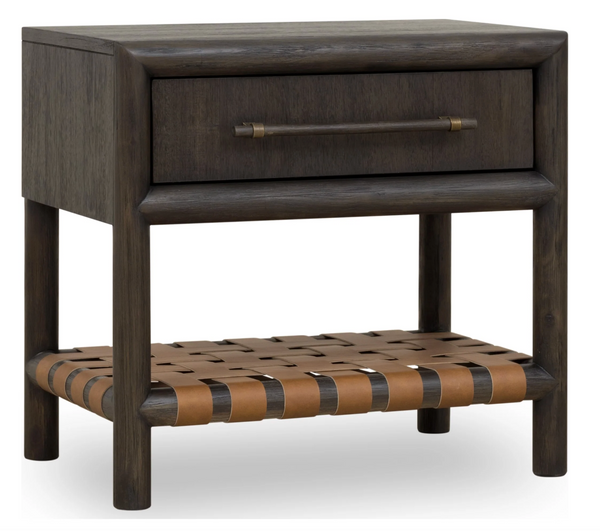 Modern Dark Wood Nightstand with Woven Leather Shelf