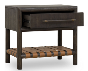 Modern Dark Wood Nightstand with Woven Leather Shelf
