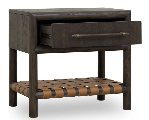 Modern Dark Wood Nightstand with Woven Leather Shelf