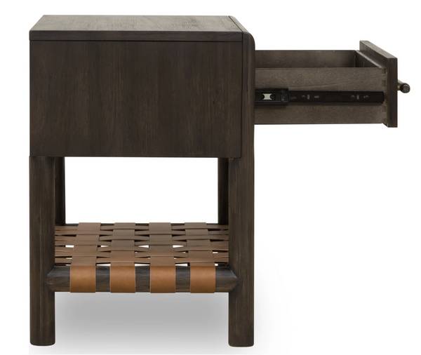 Modern Dark Wood Nightstand with Woven Leather Shelf