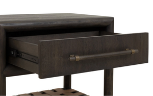 Modern Dark Wood Nightstand with Woven Leather Shelf