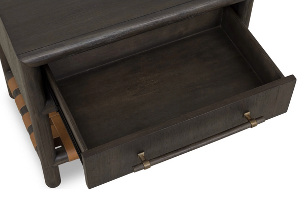 Modern Dark Wood Nightstand with Woven Leather Shelf