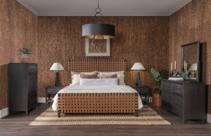 Modern Dark Wood Nightstand with Woven Leather Shelf
