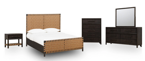 Modern Dark Wood Nightstand with Woven Leather Shelf