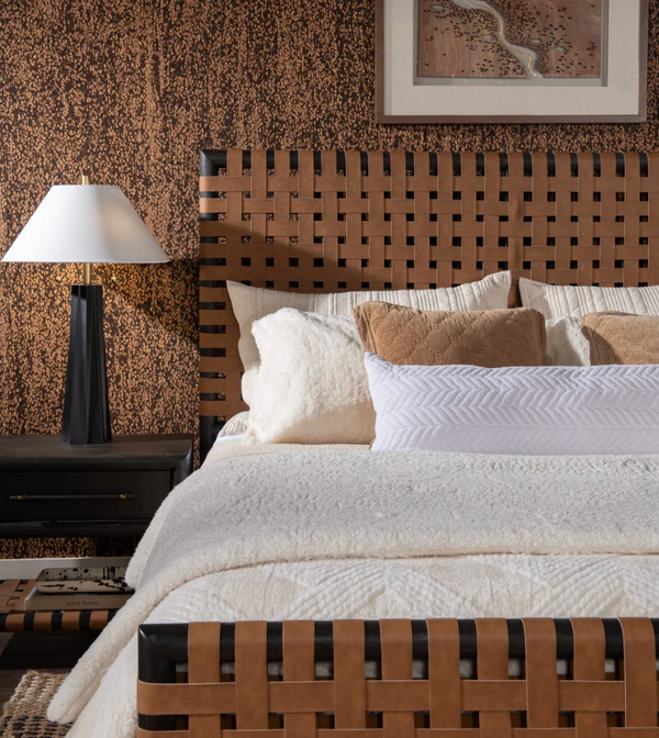 Mid-Century Modern Woven Leather Bed Frame  - Queen/King