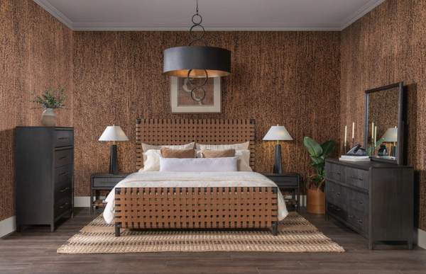 Mid-Century Modern Woven Leather Bed Frame  - Queen/King