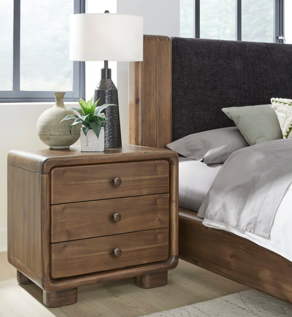 Mid-Century Modern Rounded Wood Nightstand - 2/3 Drawer Retro Bedside Table with Vintage Metal Knobs