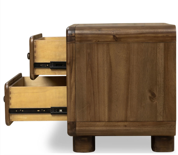 Mid-Century Modern Rounded Wood Nightstand - 2/3 Drawer Retro Bedside Table with Vintage Metal Knobs
