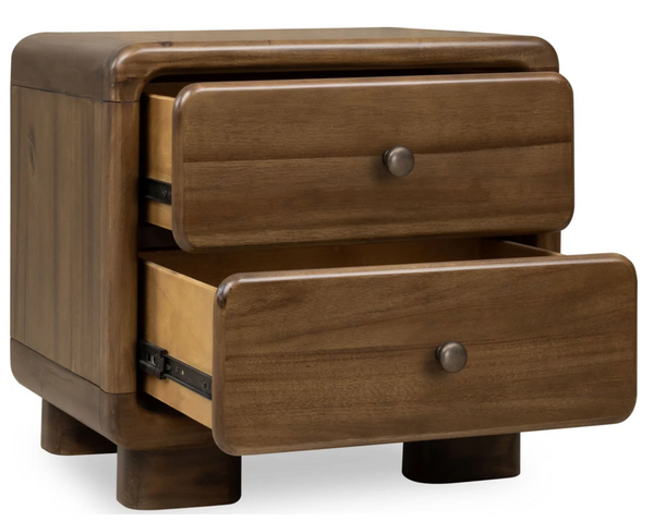 Mid-Century Modern Rounded Wood Nightstand - 2/3 Drawer Retro Bedside Table with Vintage Metal Knobs