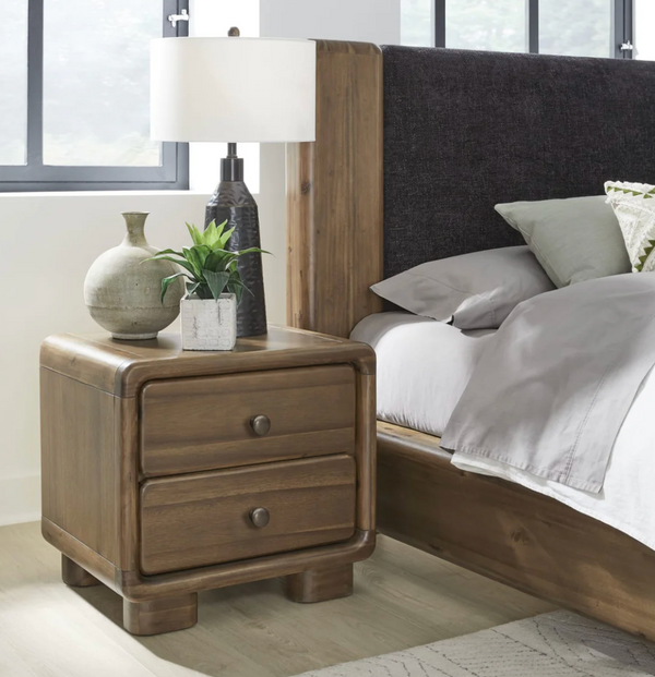 Mid-Century Modern Rounded Wood Nightstand - 2/3 Drawer Retro Bedside Table with Vintage Metal Knobs