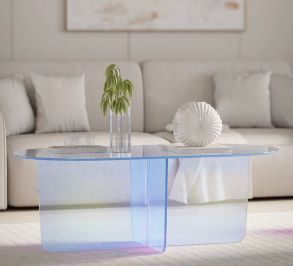 Iridescent Acrylic Coffee Table - Modern Oval Rainbow Glass Center Table with Cross Base for Living Room