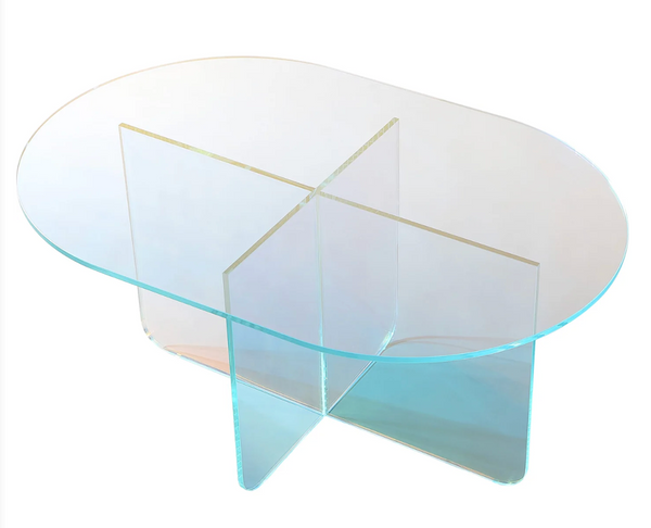 Iridescent Acrylic Coffee Table - Modern Oval Rainbow Glass Center Table with Cross Base for Living Room
