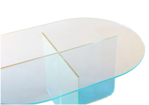 Iridescent Acrylic Coffee Table - Modern Oval Rainbow Glass Center Table with Cross Base for Living Room