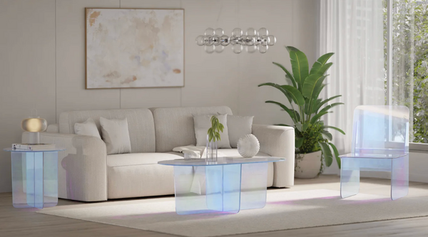 Iridescent Acrylic Coffee Table - Modern Oval Rainbow Glass Center Table with Cross Base for Living Room