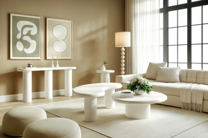 Minimalist White Organic Oval Coffee Table – Sculptural Pebble-Shaped Center Table – Modern Pedestal Low Table for Living Room
