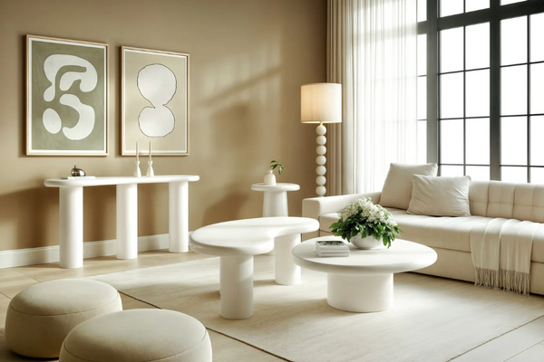 Minimalist White Organic Oval Coffee Table – Sculptural Pebble-Shaped Center Table – Modern Pedestal Low Table for Living Room