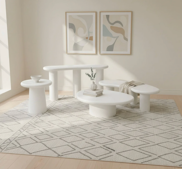 Minimalist White Organic Oval Coffee Table – Sculptural Pebble-Shaped Center Table – Modern Pedestal Low Table for Living Room