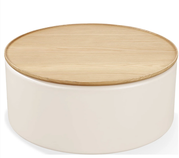 Modern Round Storage Coffee Table with Removable Wood Lid - Minimalist Cream Side Table for Living Room & Bedroom