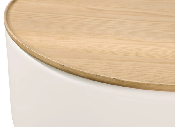Modern Round Storage Coffee Table with Removable Wood Lid - Minimalist Cream Side Table for Living Room & Bedroom
