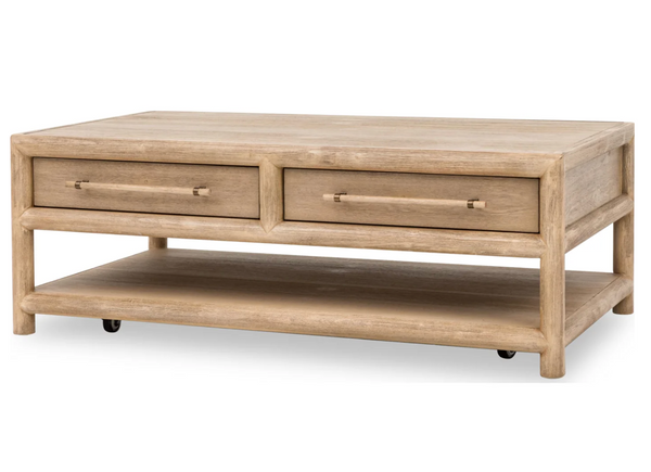 Modern Rustic Solid Wood Coffee Table with 2 Drawers and Open Shelf