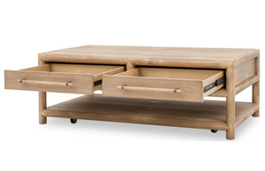 Modern Rustic Solid Wood Coffee Table with 2 Drawers and Open Shelf