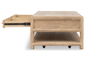 Modern Rustic Solid Wood Coffee Table with 2 Drawers and Open Shelf