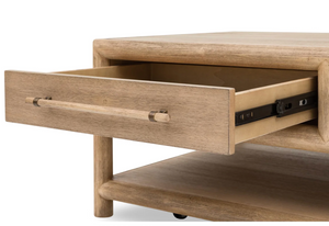 Modern Rustic Solid Wood Coffee Table with 2 Drawers and Open Shelf