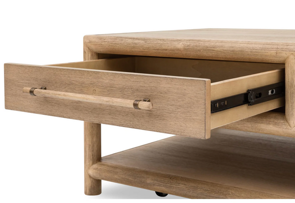 Modern Rustic Solid Wood Coffee Table with 2 Drawers and Open Shelf
