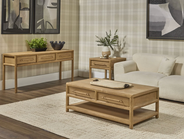 Modern Rustic Solid Wood Coffee Table with 2 Drawers and Open Shelf
