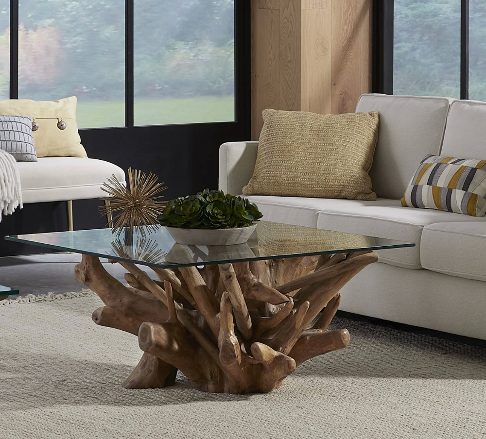 Hand-Carved Natural Teak Root Coffee Table with Square Glass Top - Unique Organic Driftwood Living Room Centerpiece