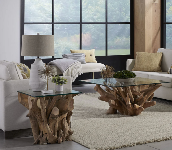 Hand-Carved Natural Teak Root Coffee Table with Square Glass Top - Unique Organic Driftwood Living Room Centerpiece