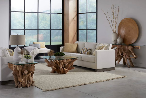 Hand-Carved Natural Teak Root Coffee Table with Square Glass Top - Unique Organic Driftwood Living Room Centerpiece