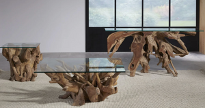 Hand-Carved Natural Teak Root Coffee Table with Square Glass Top - Unique Organic Driftwood Living Room Centerpiece