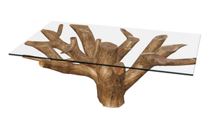 Hand-Carved Natural Teak Root Coffee Table with Square Glass Top - Unique Organic Driftwood Living Room Centerpiece