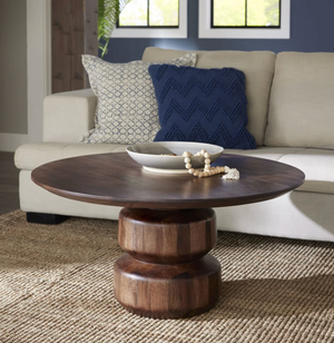 Modern Round Solid Wood Coffee Table with Sculptural Pedestal Base