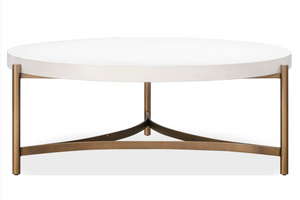 Modern Industrial Coffee Table - Circular White Faux Concrete Top with Black Metal Frame