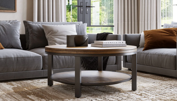 Modern Industrial Round 2-Tier Coffee Table with Rustic Wood Top and Black Metal Frame