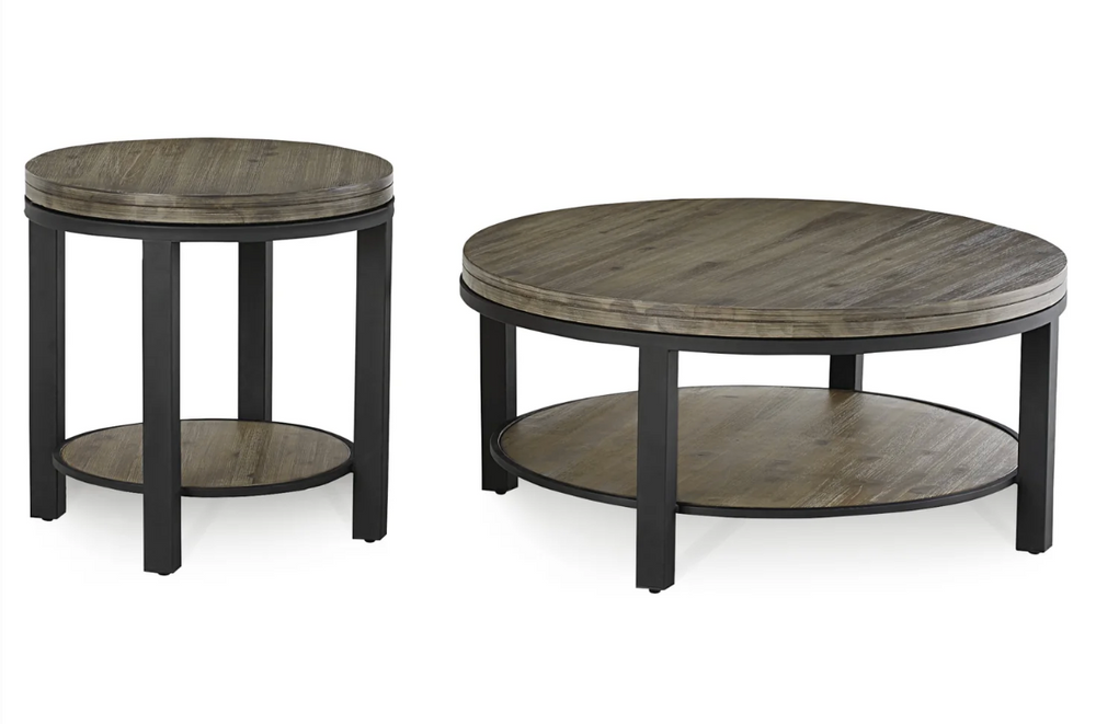 Modern Industrial Round 2-Tier Coffee Table with Rustic Wood Top and Black Metal Frame